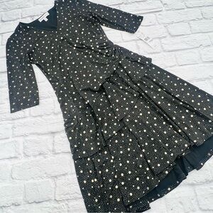 Robbie Bee Petite Small Dress Black and Gold Polka Dot Fit Flare Midi Faux Wrap